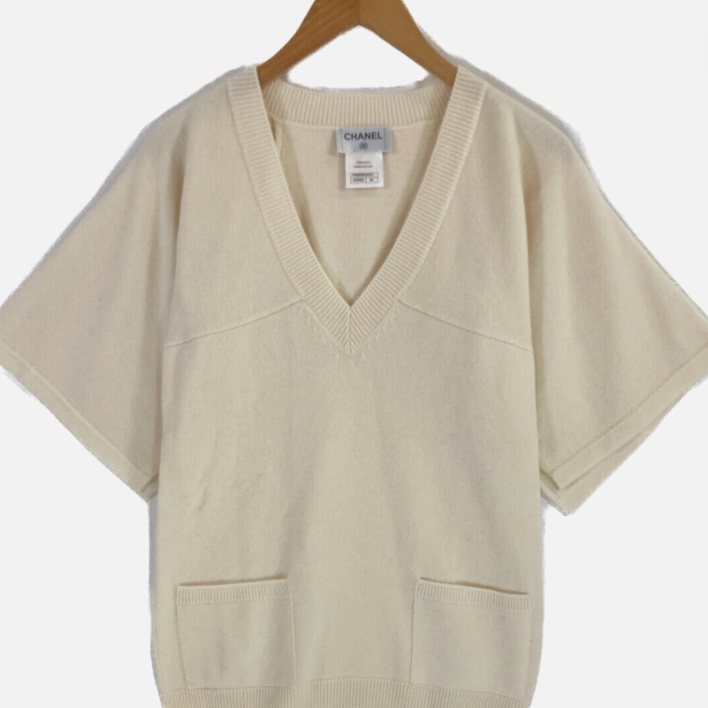 CHANEL P42913K04371 CC Logos cashmere deformed arm V neck knit sweater 34
